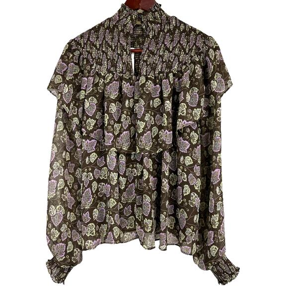 Cinq a Sept NWT Drew Georgette Floral Top Size M Smocked Bodice & Cuff Mock Neck - Picture 3 of 9